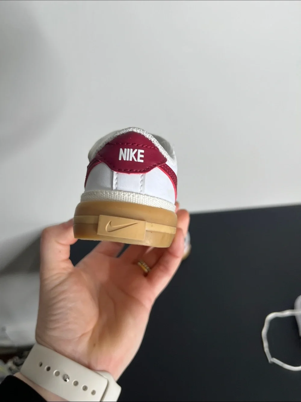 Nike Kids White Sneakers with Red Swoosh and Gum Sole - Velcro